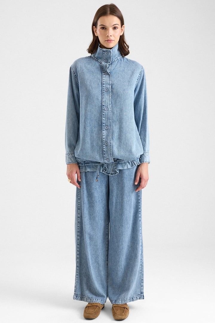 Büzgü Detaylı Soft Denim Ceket Pantolon İkili Takım MAVİ 9472-TK