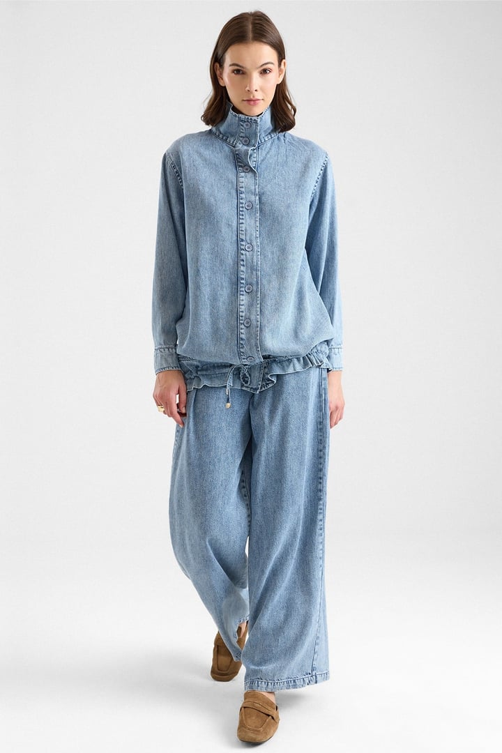 Büzgü Detaylı Soft Denim Ceket Pantolon İkili Takım MAVİ 9472-TK