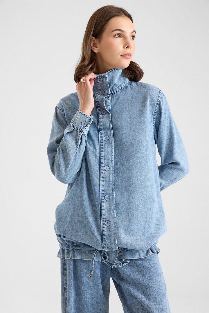 Büzgü Detaylı Soft Denim Ceket Pantolon İkili Takım MAVİ 9472-TK