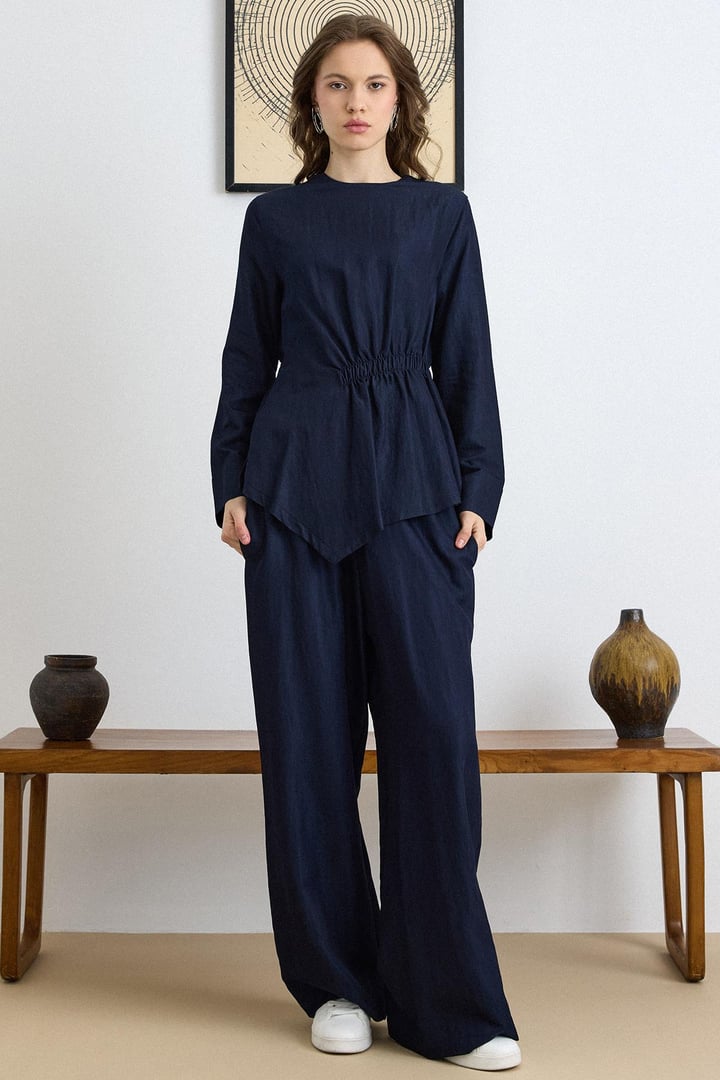 Büzgü Detaylı Soft Denim Tunik Pantolon Takıım LACİVERT 9421-TK