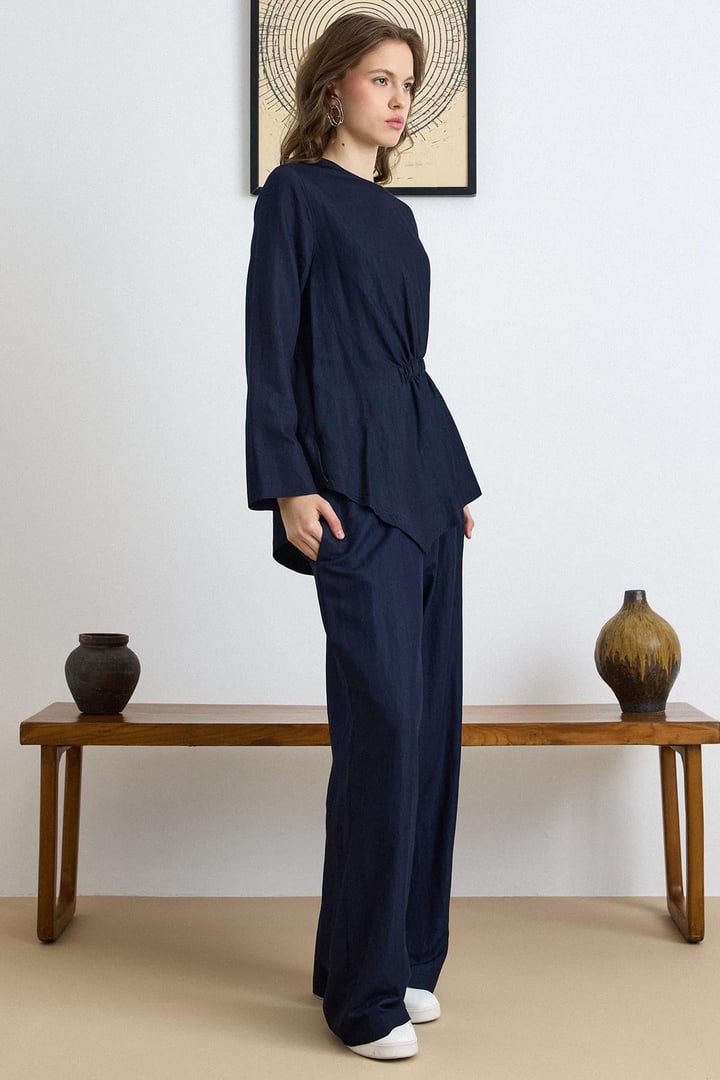 Büzgü Detaylı Soft Denim Tunik Pantolon Takıım LACİVERT 9421-TK