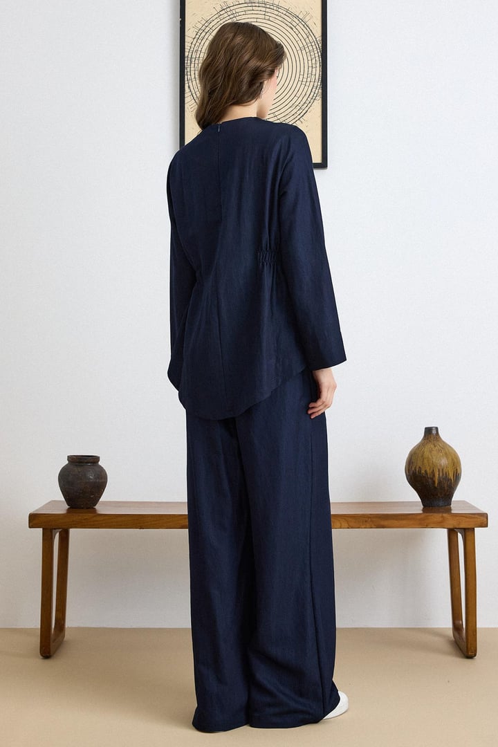 Büzgü Detaylı Soft Denim Tunik Pantolon Takıım LACİVERT 9421-TK