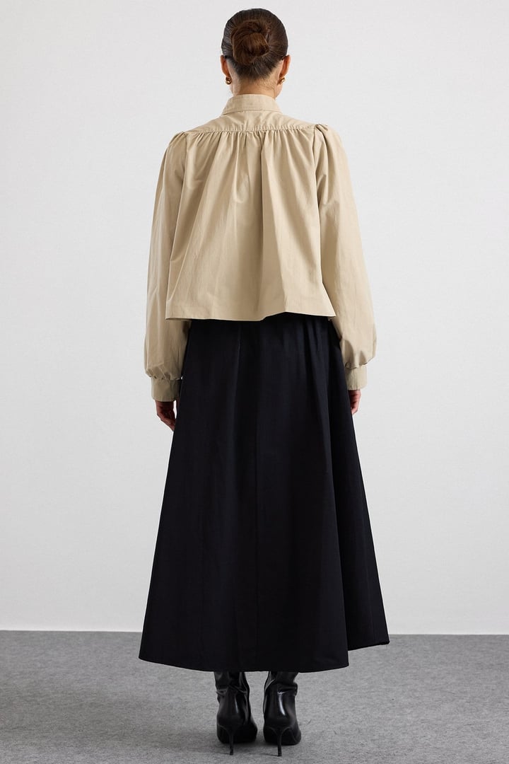 Büzgü Detaylı Spor Crop Ceket BEJ 8292