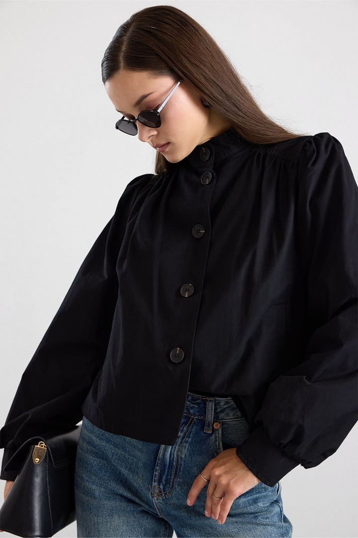 Büzgü Detaylı Spor Crop Ceket SİYAH 8292