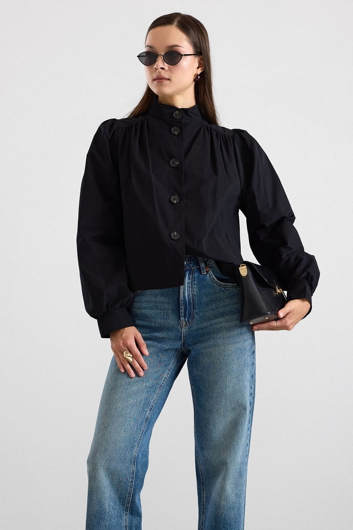 Büzgü Detaylı Spor Crop Ceket SİYAH 8292