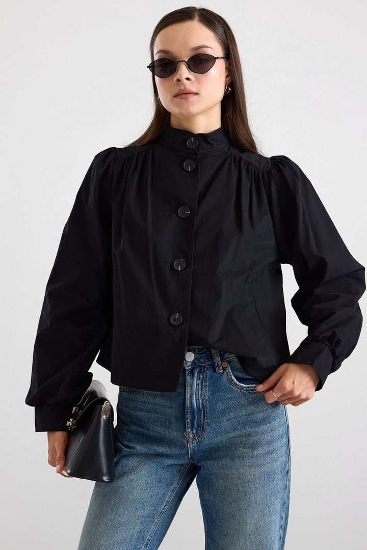 Büzgü Detaylı Spor Crop Ceket SİYAH 8292