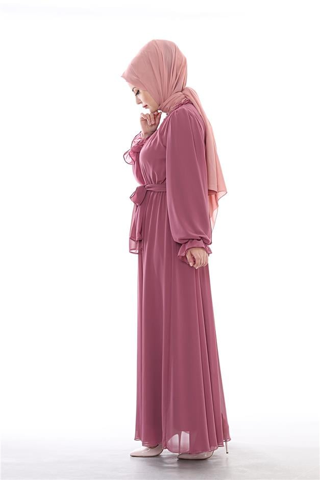 Büzgülü Şifon Elbise GÜL KURUSU 5010
