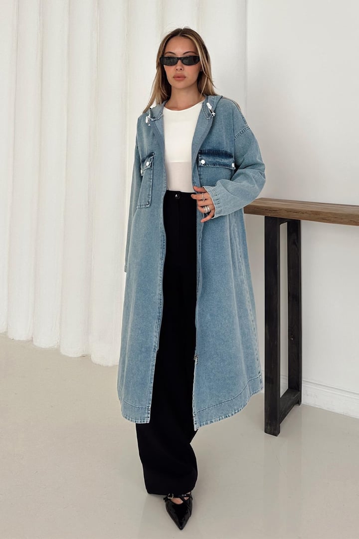 Cep Detaylı Kapüşonlu Salaş Denim Kap MAVİ 6771