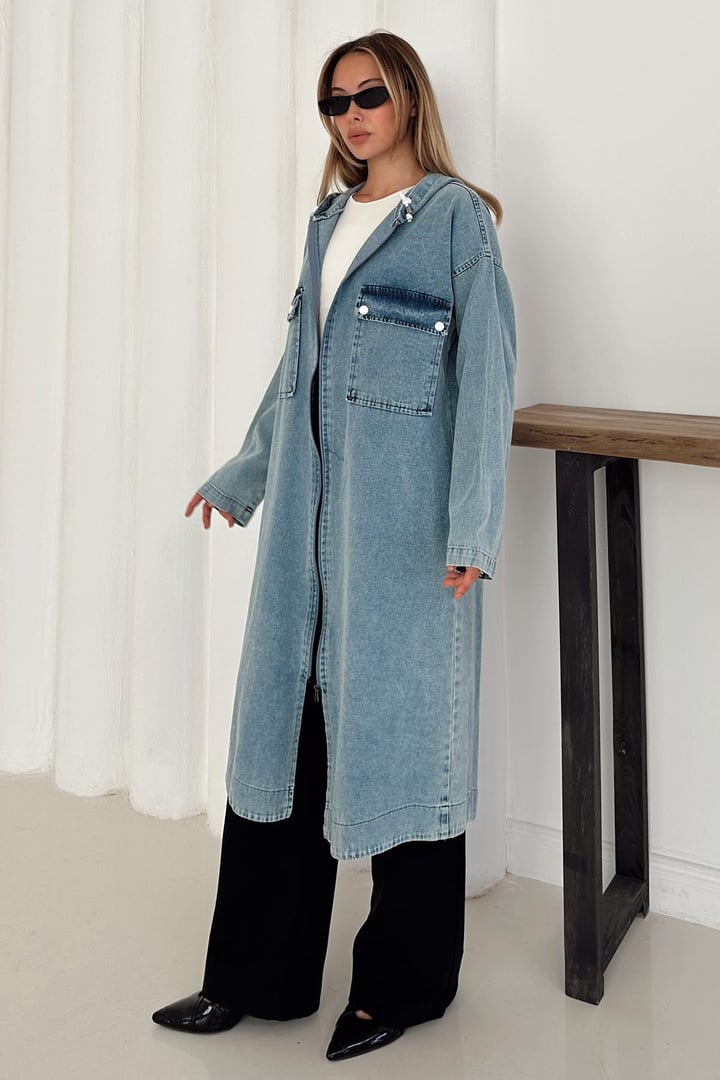 Cep Detaylı Kapüşonlu Salaş Denim Kap MAVİ 6771