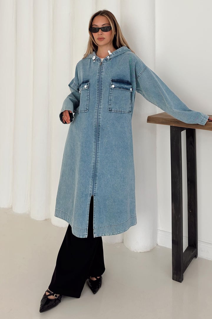 Cep Detaylı Kapüşonlu Salaş Denim Kap MAVİ 6771