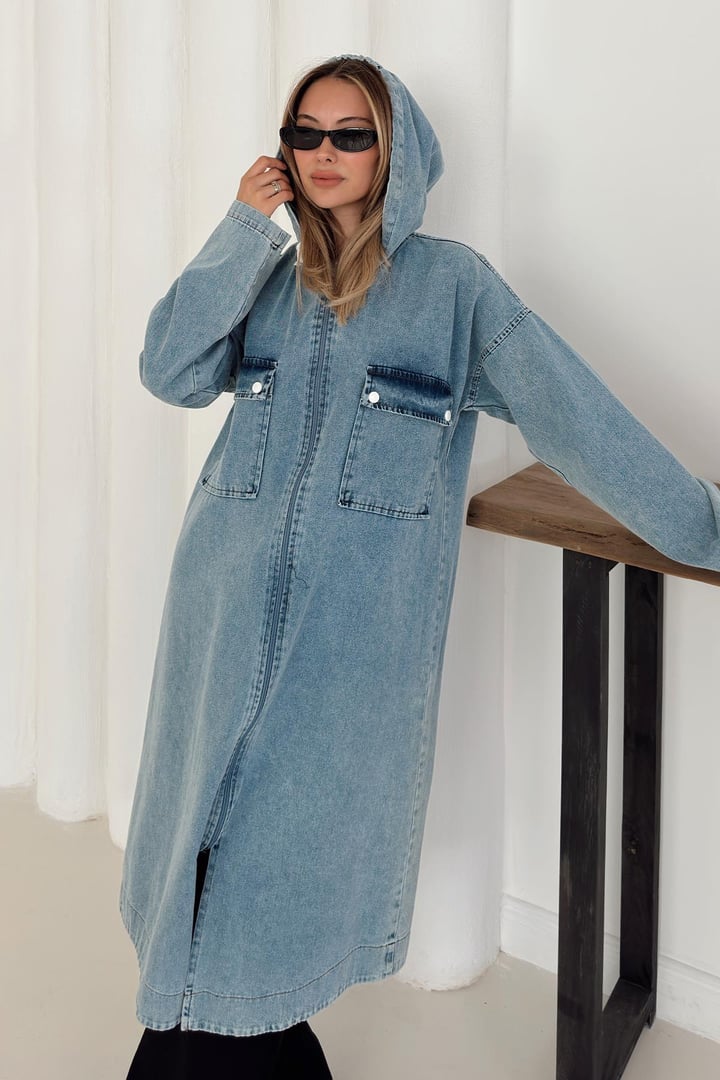 Cep Detaylı Kapüşonlu Salaş Denim Kap MAVİ 6771