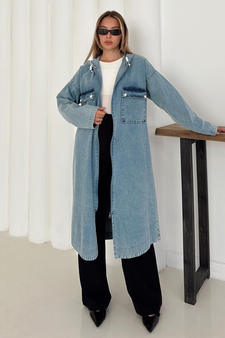 Cep Detaylı Kapüşonlu Salaş Denim Kap MAVİ 6771