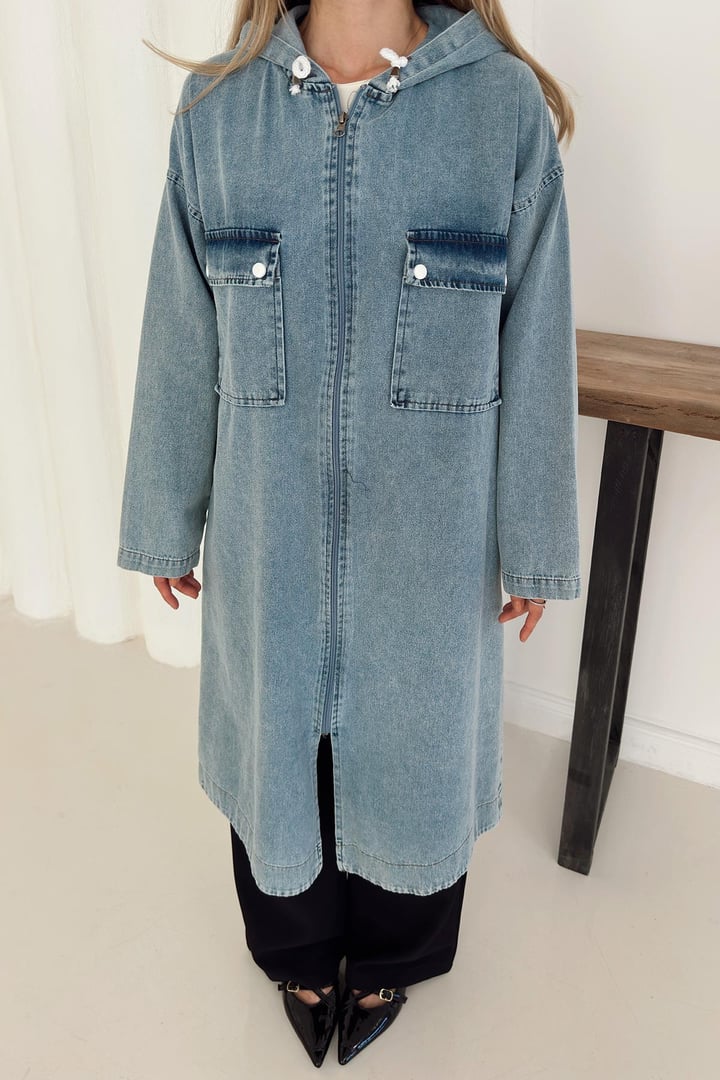 Cep Detaylı Kapüşonlu Salaş Denim Kap MAVİ 6771