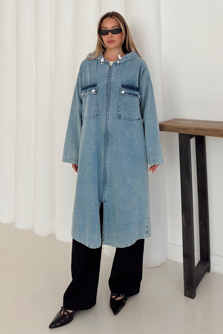 Cep Detaylı Kapüşonlu Salaş Denim Kap MAVİ 6771