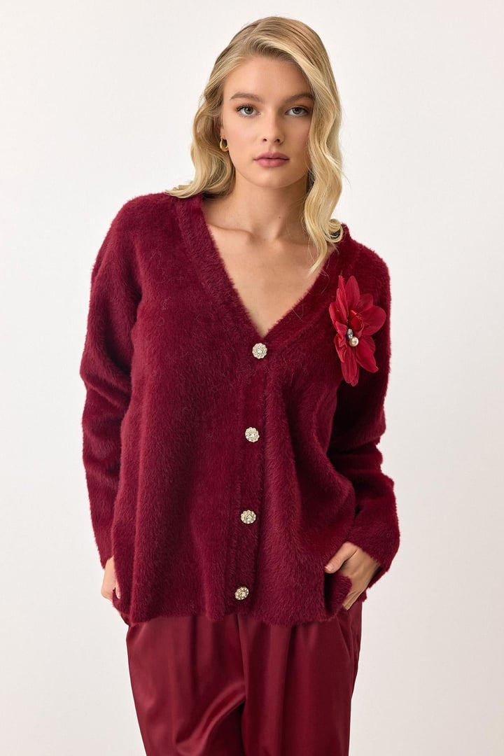 Çiçek Aksesuarlı Soft Triko Hırka BORDO 8268