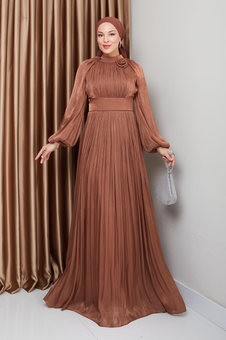 Pleated Yoryo Silk Hijab Evening Dress with Flower Details CAMEL 1240