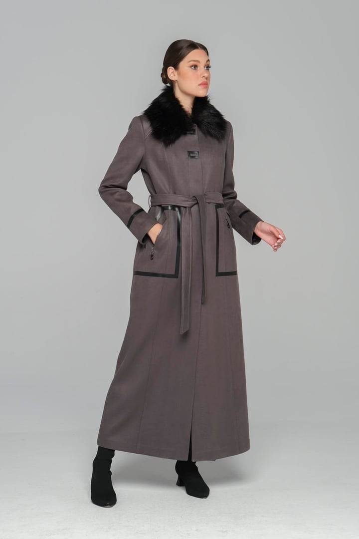 Çıkabilen Kürklü Deri ve Fermuar Detaylı Gabardin Süet Pardesü GRİ 6388
