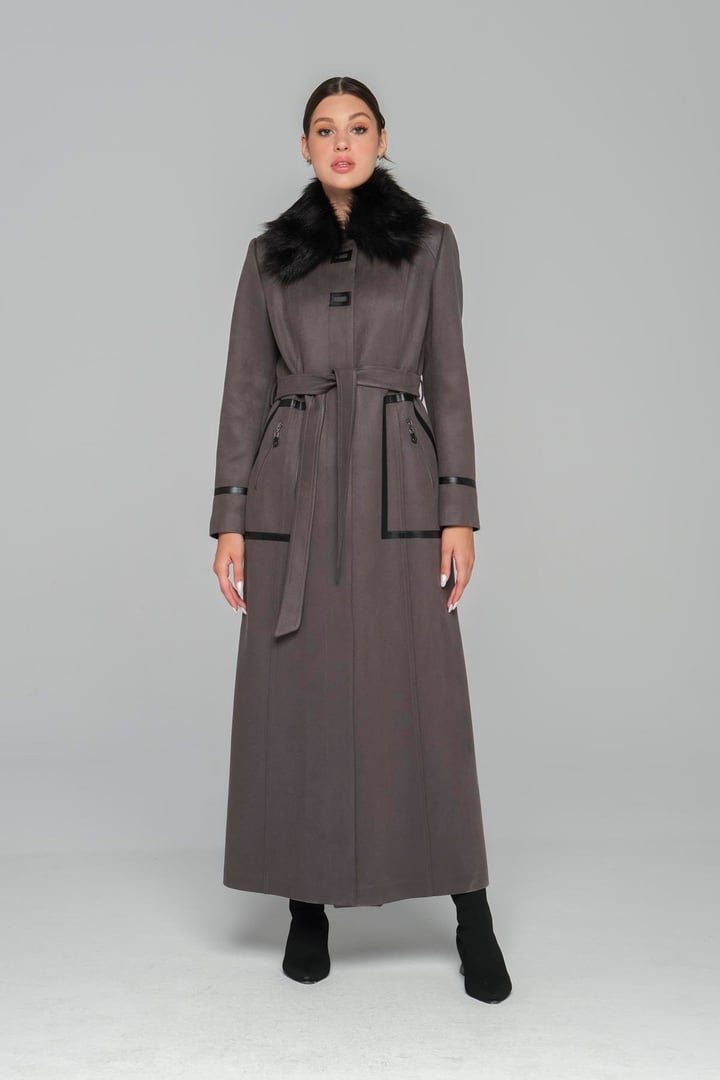 Çıkabilen Kürklü Deri ve Fermuar Detaylı Gabardin Süet Pardesü GRİ 6388
