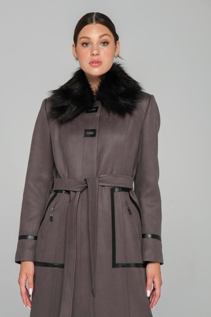 Çıkabilen Kürklü Deri ve Fermuar Detaylı Gabardin Süet Pardesü GRİ 6388
