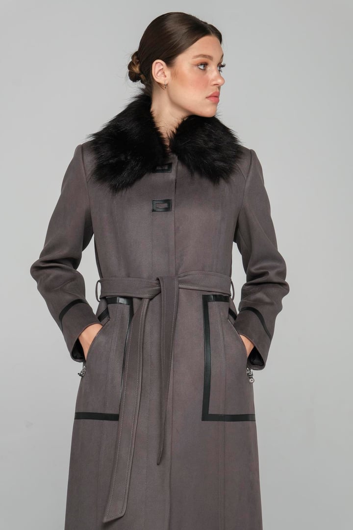 Çıkabilen Kürklü Deri ve Fermuar Detaylı Gabardin Süet Pardesü GRİ 6388