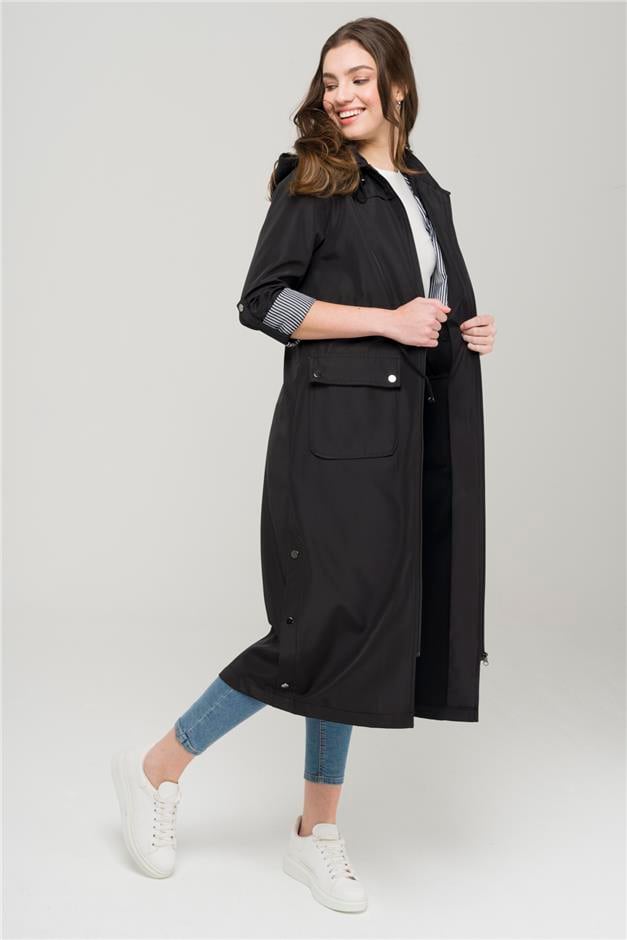 Çıkabilir Kapüşonlu Çizgi Garnili Beli Büzgülü Yarım Astarlı Trençkot SİYAH 6475