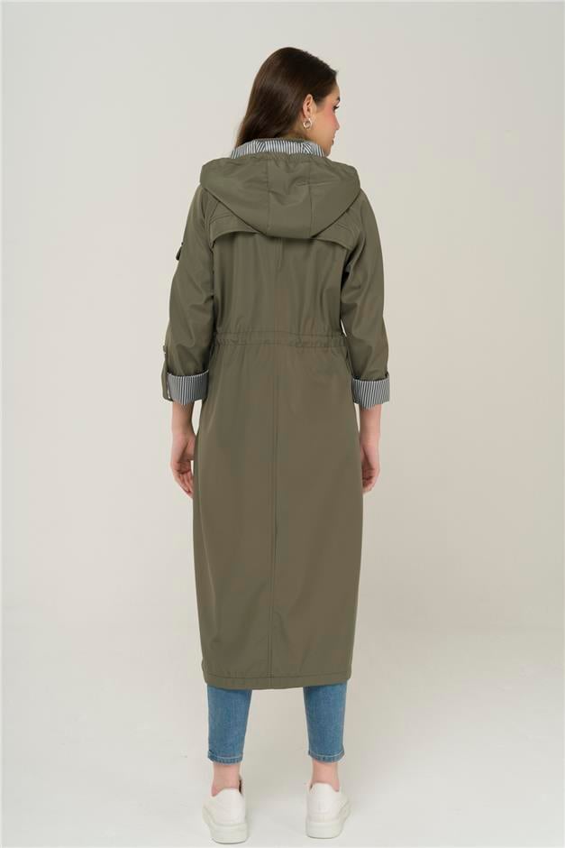 Çıkabilir Kapüşonlu Çizgi Garnili Beli Büzgülü Fermuar Kapamalı Astarsız Trençkot HAKİ 6480