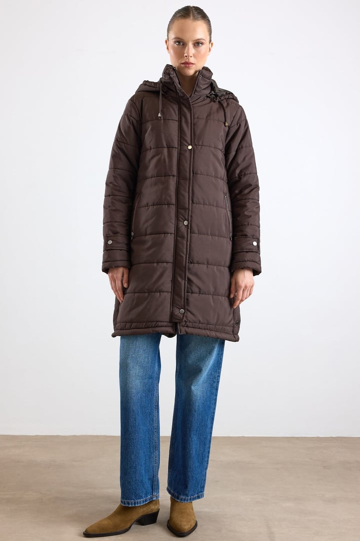 Çıkabilir Kapüşonlu Fermuar Kapamalı Büyük Beden Kapitone Mont KAHVE 6901