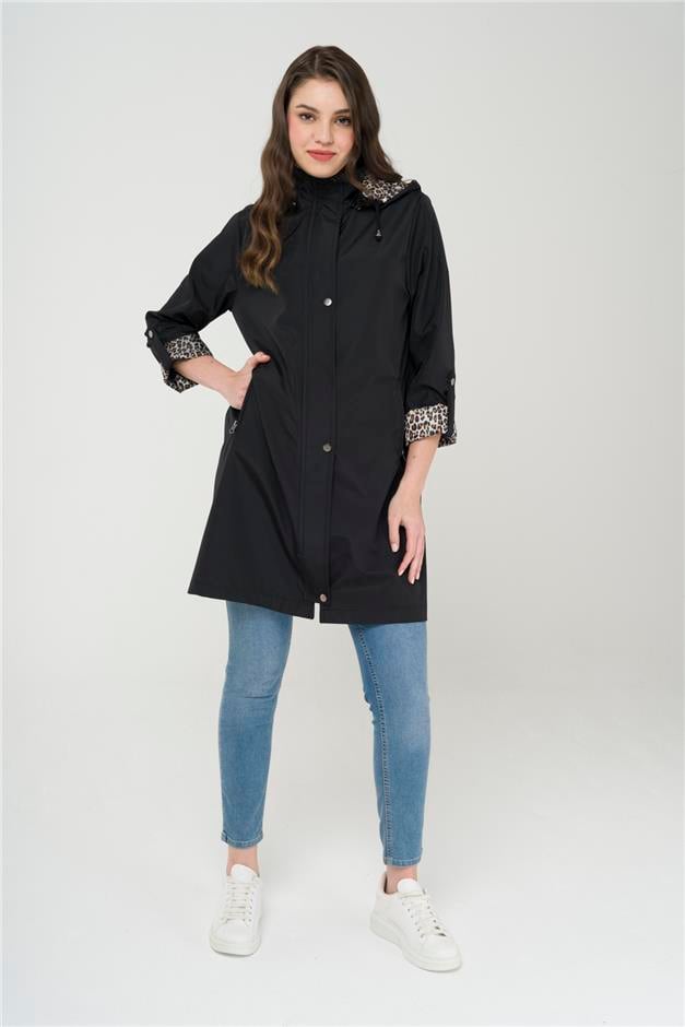 Çıkabilir Kapüşonlu Leopar Garnili Fermuar Kapamalı Astarsız Büyük Beden Trençkot SİYAH 6474
