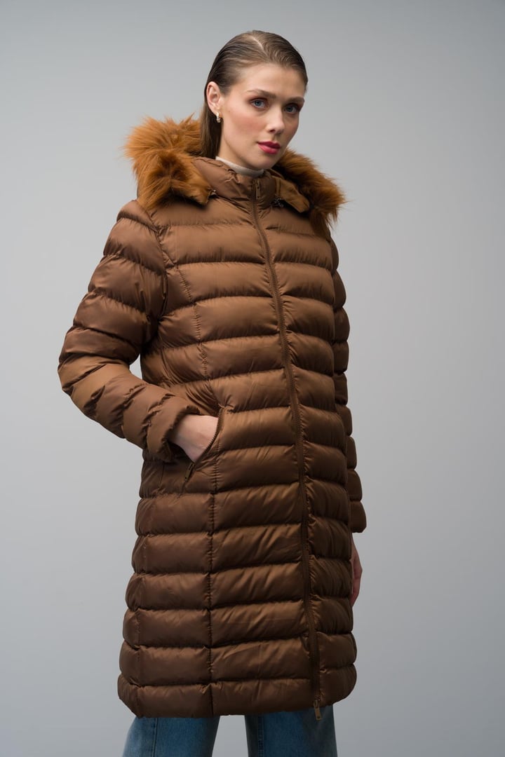 Çıkabilir Kürklü Kapüşonlu Şişme Mont TABA 6401