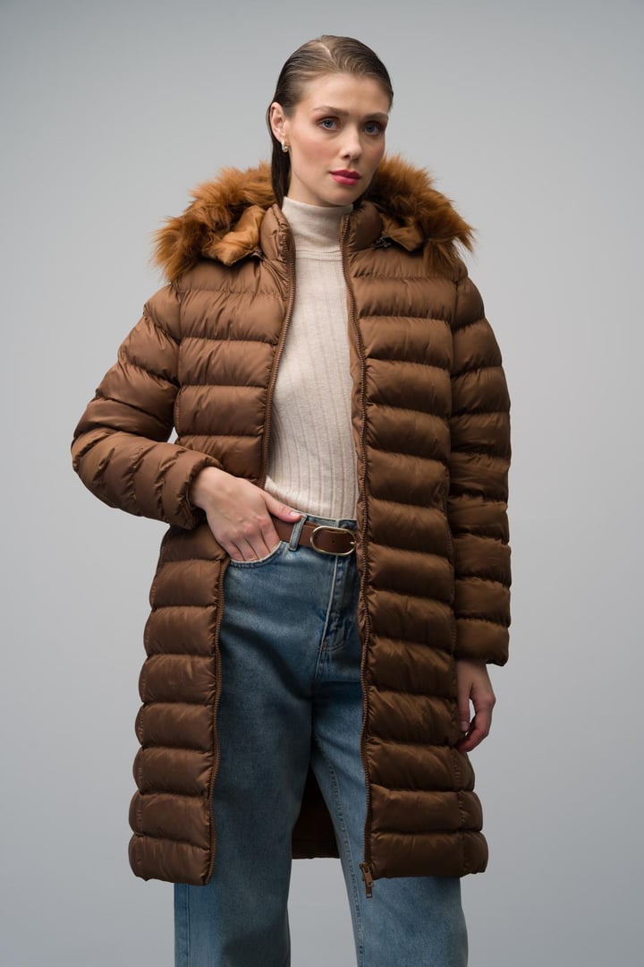 Çıkabilir Kürklü Kapüşonlu Şişme Mont TABA 6401