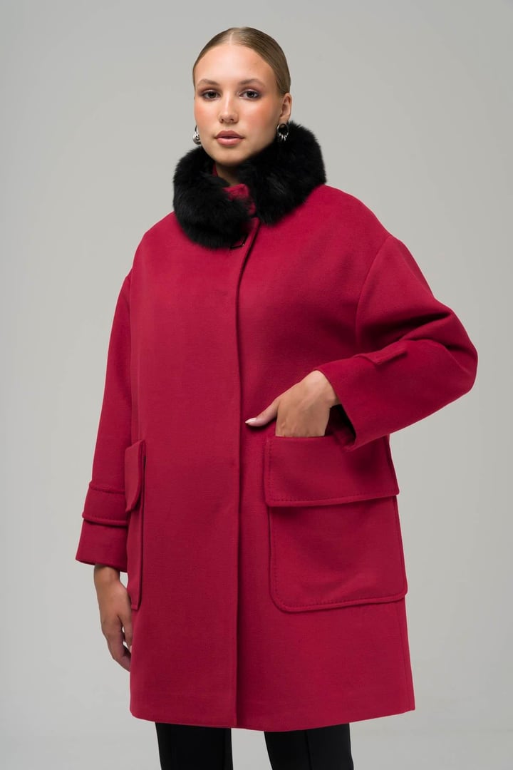 Çıkabilir Kürklü Torba Cepli Oversize Kaşmir Kaban FES 3924-TK