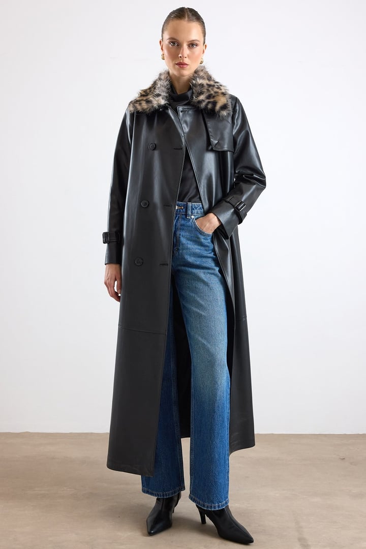 Çıkabilir Leopar Desen Kürklü Uzun Deri Trençkot SİYAH 6893