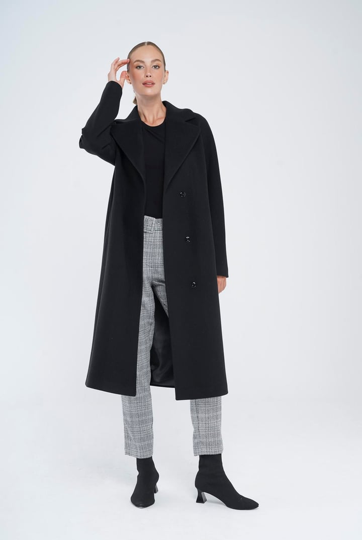 Çıt Çıt Kapamalı Belden Kuşaklı Oversize Kaban SİYAH 3875