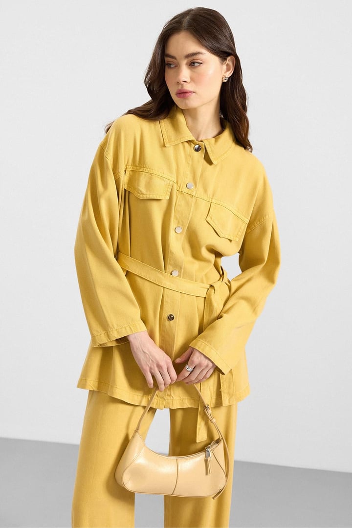 Çıt Çıt Kapamalı Soft Denim Ceket Pantolon İkili Takım SARI 9398-TK