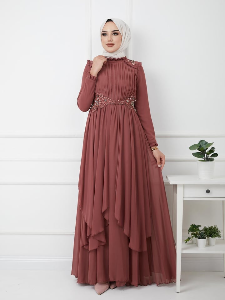 Pleated Evening Dress with Lace and Stone Details TILE 1106