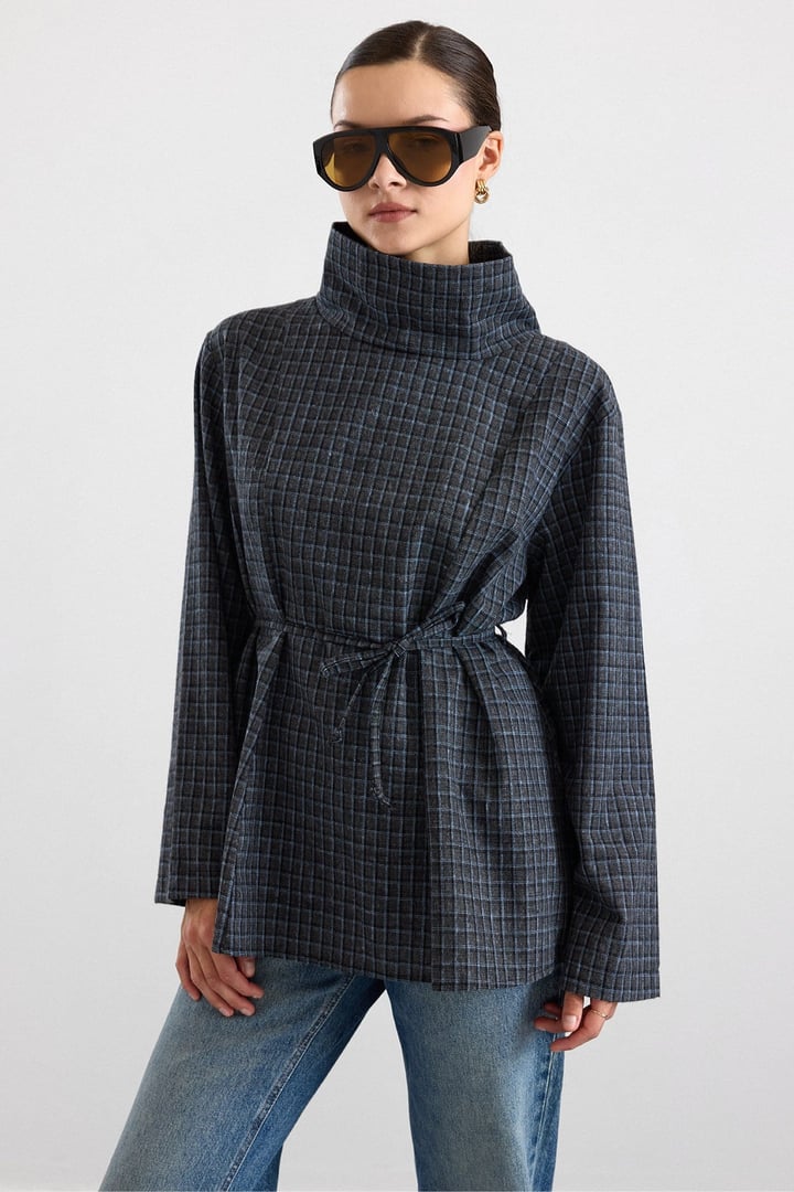 Degaje Yaka Oversize Kareli Bluz ANTRASİT 9839