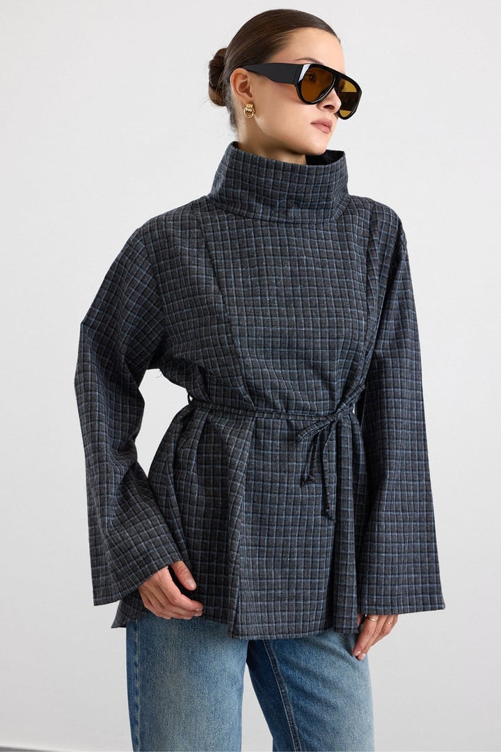 Degaje Yaka Oversize Kareli Bluz ANTRASİT 9839