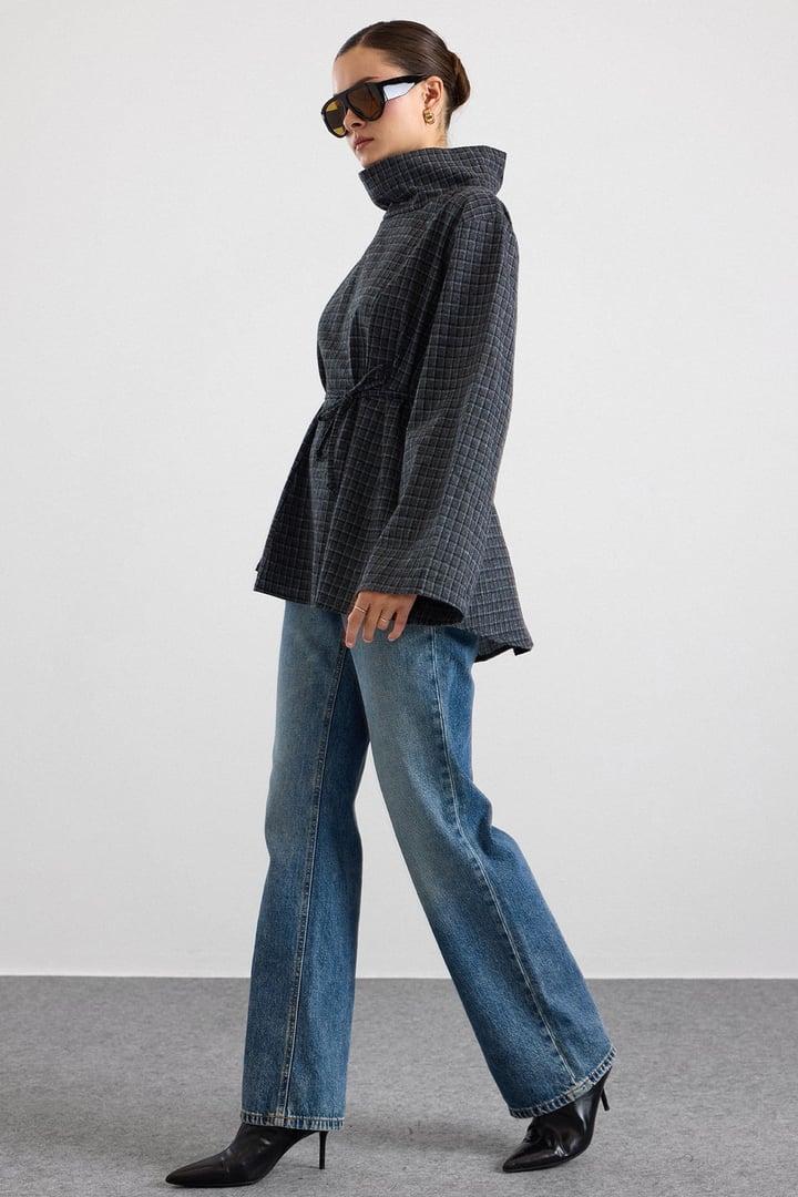 Degaje Yaka Oversize Kareli Bluz ANTRASİT 9839