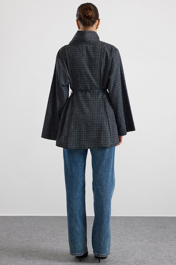 Degaje Yaka Oversize Kareli Bluz ANTRASİT 9839