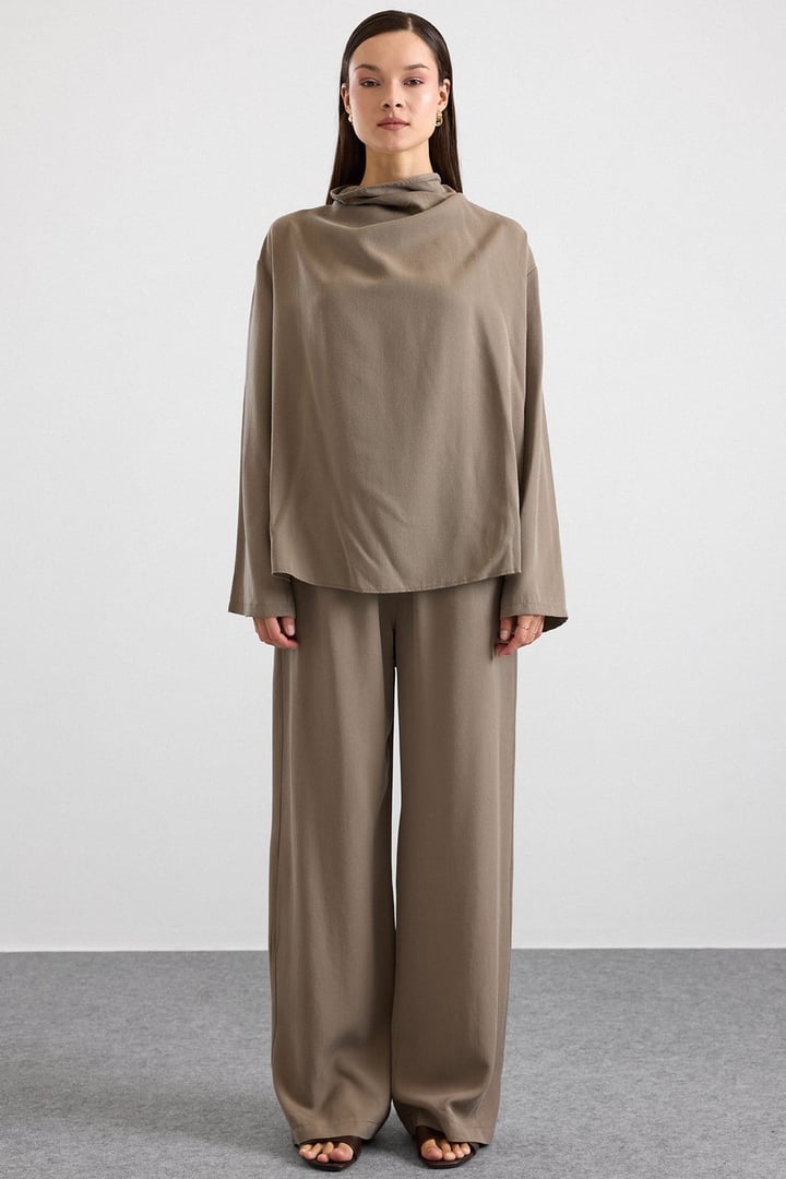 Degaje Yaka Oversize Pantolon Bluz İkili Takım HAKİ 9483-TK