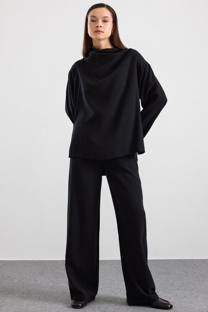 Degaje Yaka Oversize Pantolon Bluz İkili Takım SİYAH 9483-TK