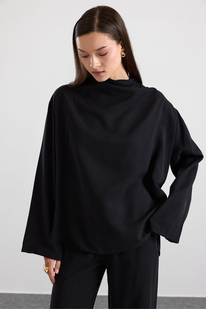 Degaje Yaka Oversize Pantolon Bluz İkili Takım SİYAH 9483-TK