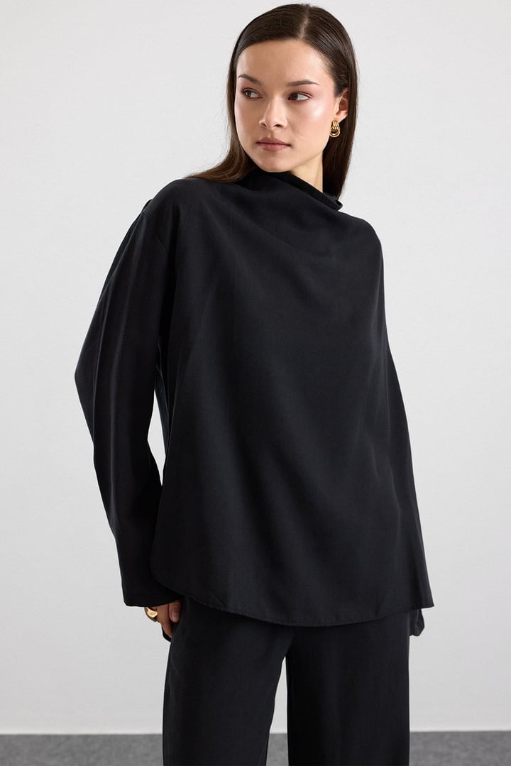 Degaje Yaka Oversize Pantolon Bluz İkili Takım SİYAH 9483-TK