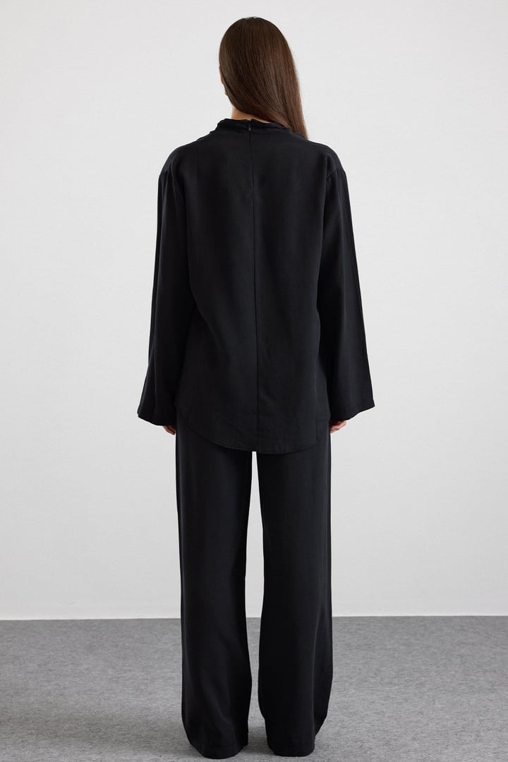 Degaje Yaka Oversize Pantolon Bluz İkili Takım SİYAH 9483-TK