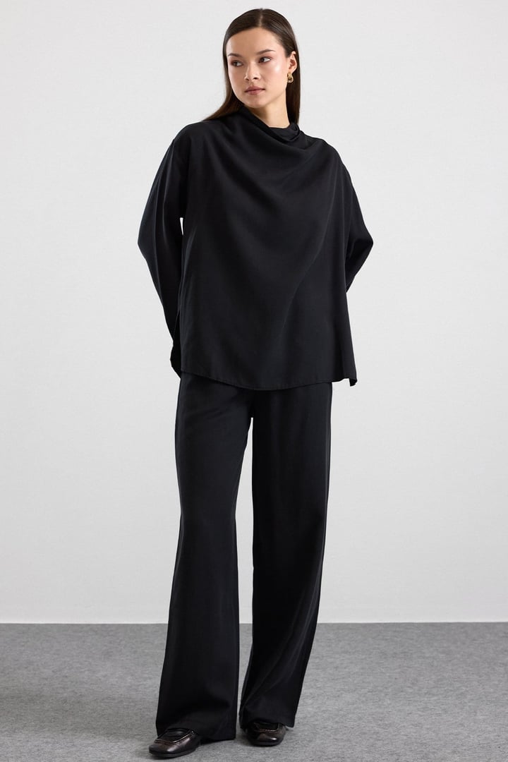 Degaje Yaka Oversize Pantolon Bluz İkili Takım SİYAH 9483-TK