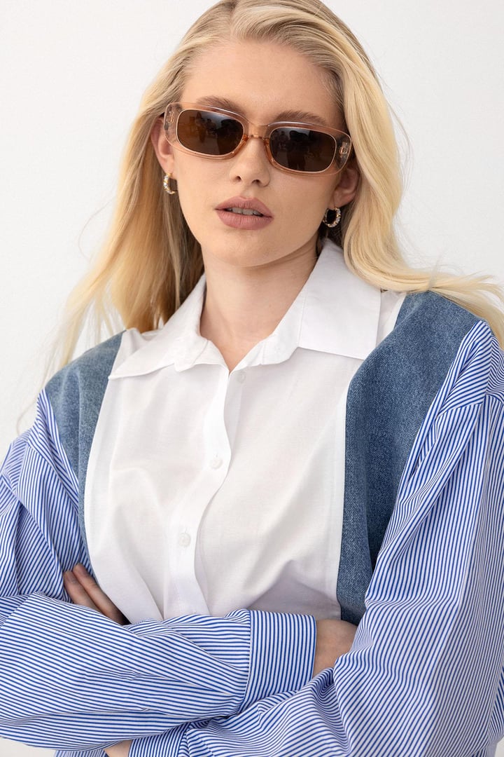 Denim Detaylı Rahat Kesim Kısa Gömlek MAVİ-BEYAZ 9277
