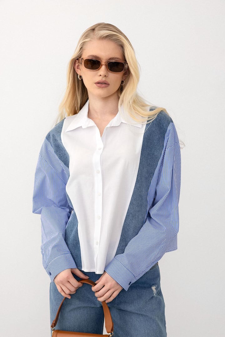 Denim Detaylı Rahat Kesim Kısa Gömlek MAVİ-BEYAZ 9277
