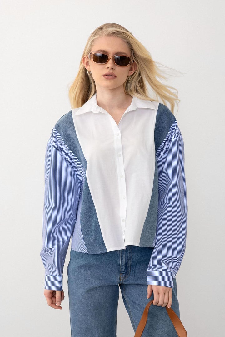 Denim Detaylı Rahat Kesim Kısa Gömlek MAVİ-BEYAZ 9277