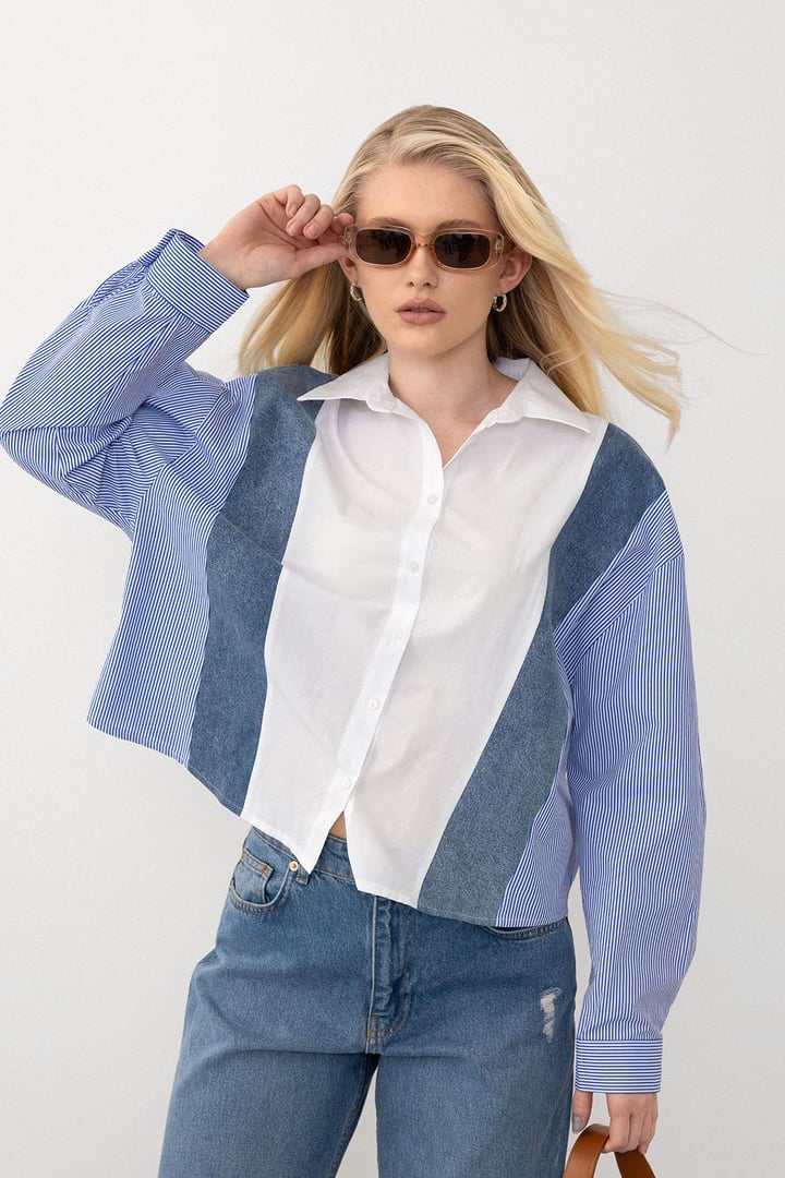 Denim Detaylı Rahat Kesim Kısa Gömlek MAVİ-BEYAZ 9277