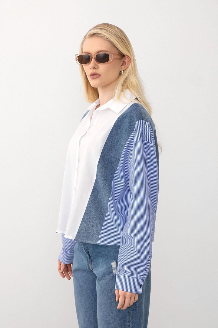 Denim Detaylı Rahat Kesim Kısa Gömlek MAVİ-BEYAZ 9277